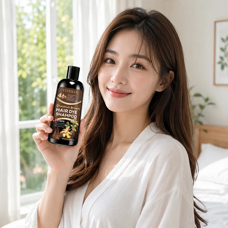 YUITIKUE 4 IN1 Chestnut Brown Hair Dye Shampoo Shine Color Moisturizing Care Long Lasting No Fading Healthy Hair 100ml
