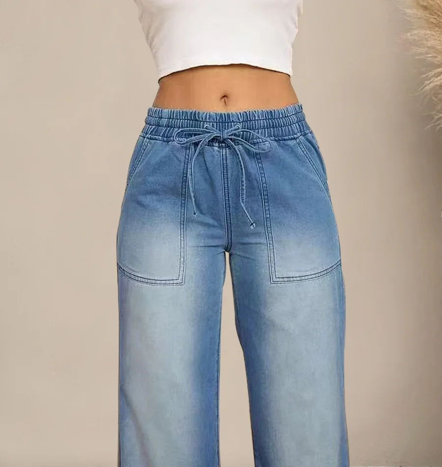 Women Jeans Vintage Denim Pant Elastic Waist Lace Up Wide Leg Long Pants Straight Trousers Y2k Streetwear Splice Work Spring