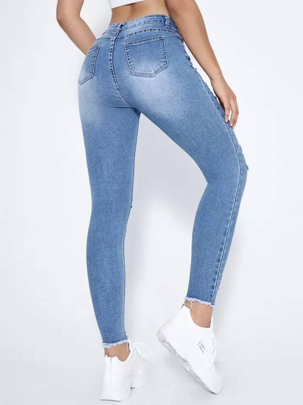 New In Women Fashion Mid Waist Ripped Hole Jeans Casual High Street Denim Pants Sexy Frayed Slim Fit Pencil Pants for Women