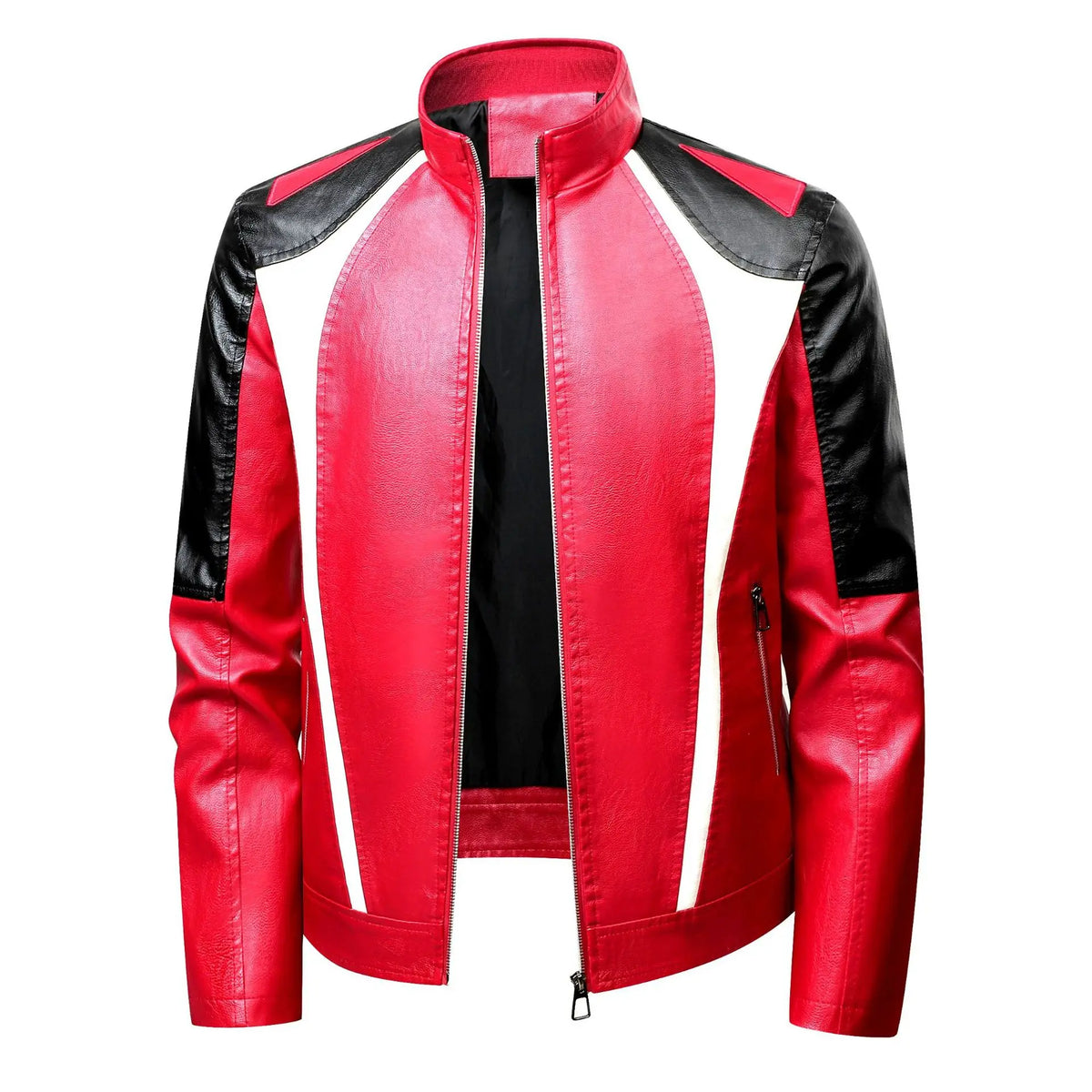 Men's Motorcycle Style Leather Jacket Slim Fit Windproof Stand Collar Red Black Biker Jacket Casual Moto Racing Coat