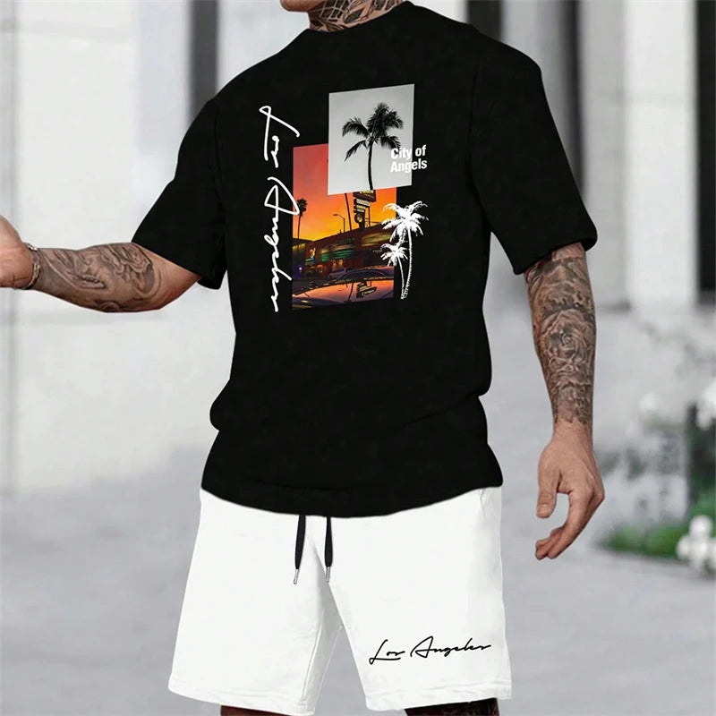 Summer New Men's Short-sleeved Hawaiian Print Two-piece Beach Vacation Breathable Short-sleeved With Drawstring Loose Shorts
