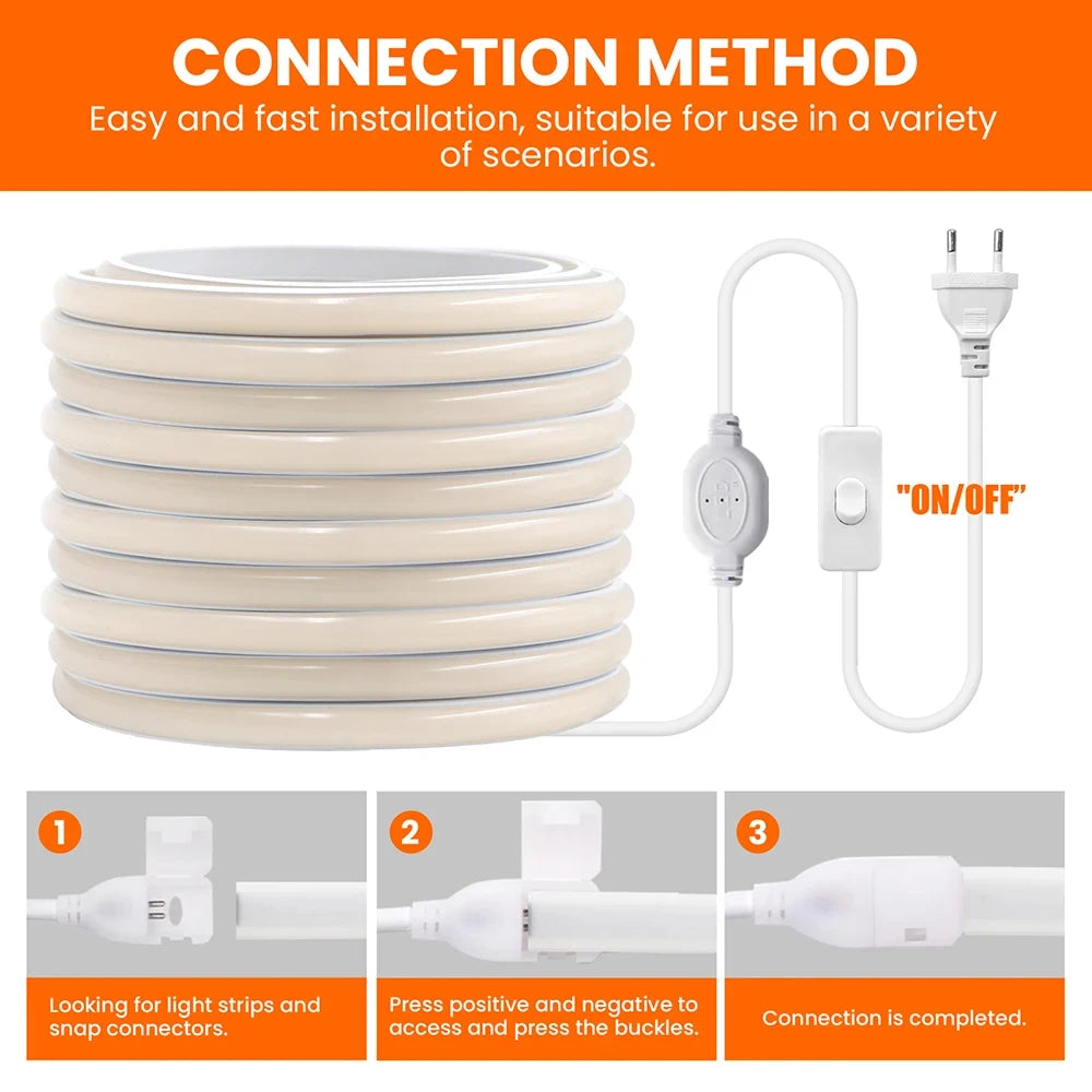 IP65 protection rating, COB LED light strip, 220V/230V voltage, flexible warm white/cool white/neon light strip, silicone LED light, suitable for indoor and outdoor use, bedrooms, patios, parties, DIY and home decorati