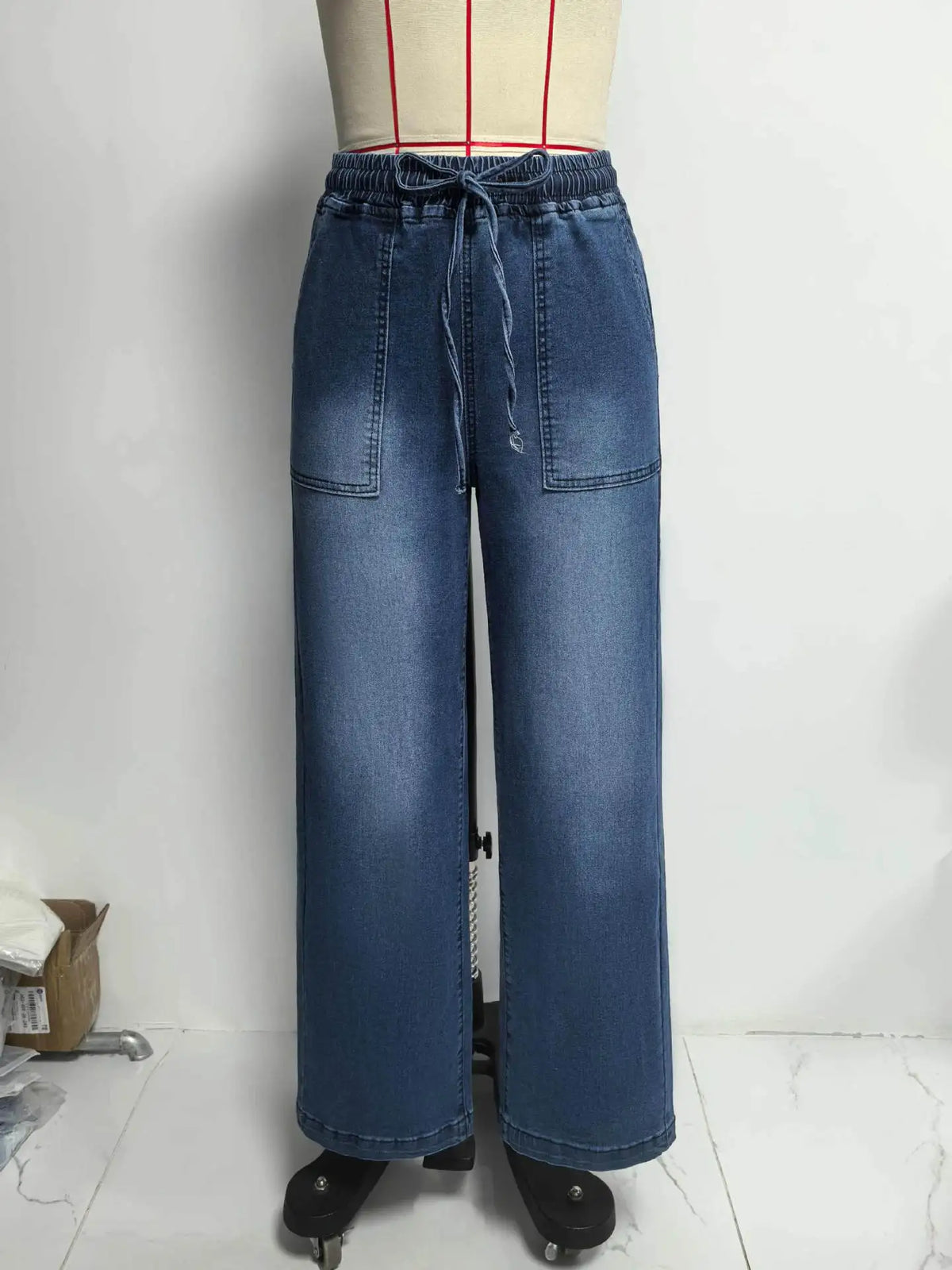 Women Jeans Vintage Denim Pant Elastic Waist Lace Up Wide Leg Long Pants Straight Trousers Y2k Streetwear Splice Work Spring