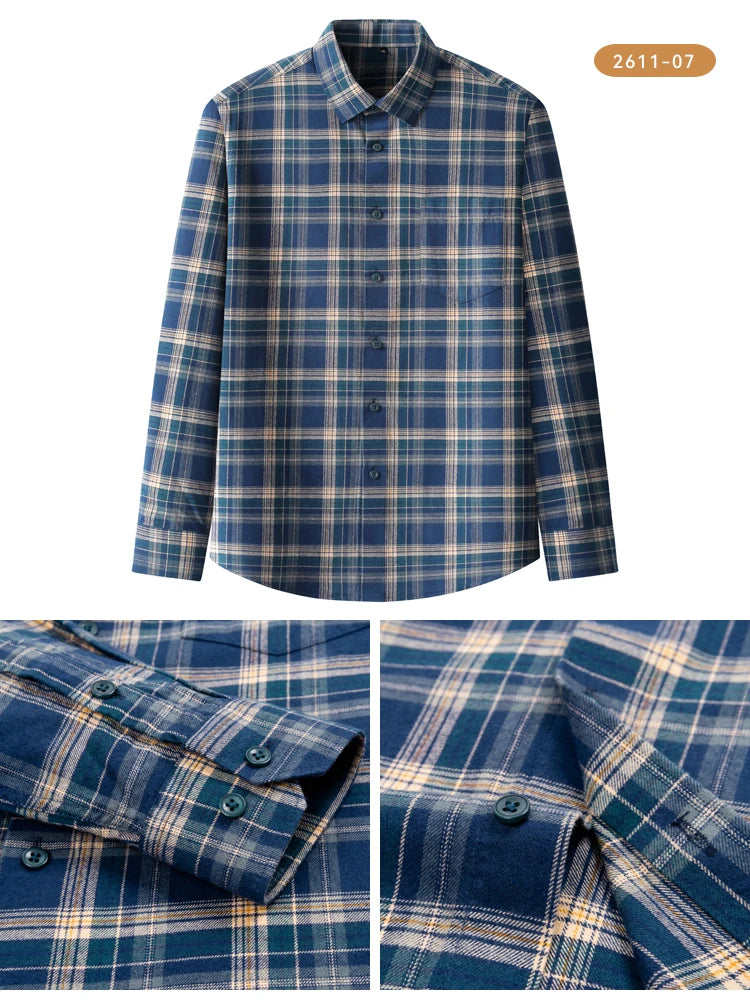 Vintage Men's Flannel Shirts with Pocket Long Sleeve Brushed Shirt for Men Warm Casual Soft Cotton 100% Button Down Plaid Shirt