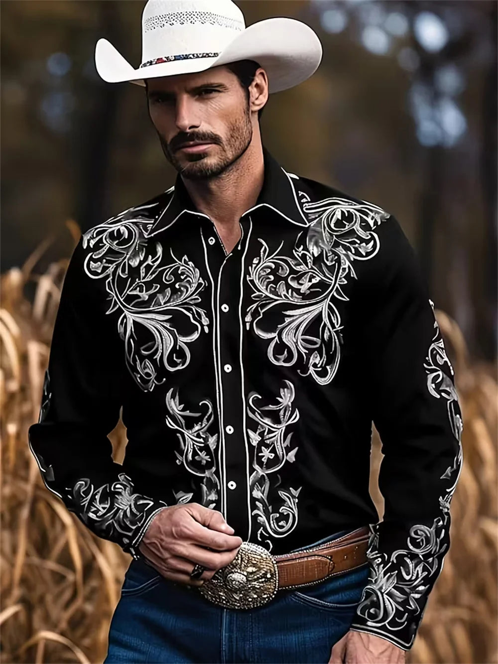 Men's Western Cowboy Style Casual Shirt with 3D Digital Printing Pattern, Vintage Holiday Casual Button Shirt