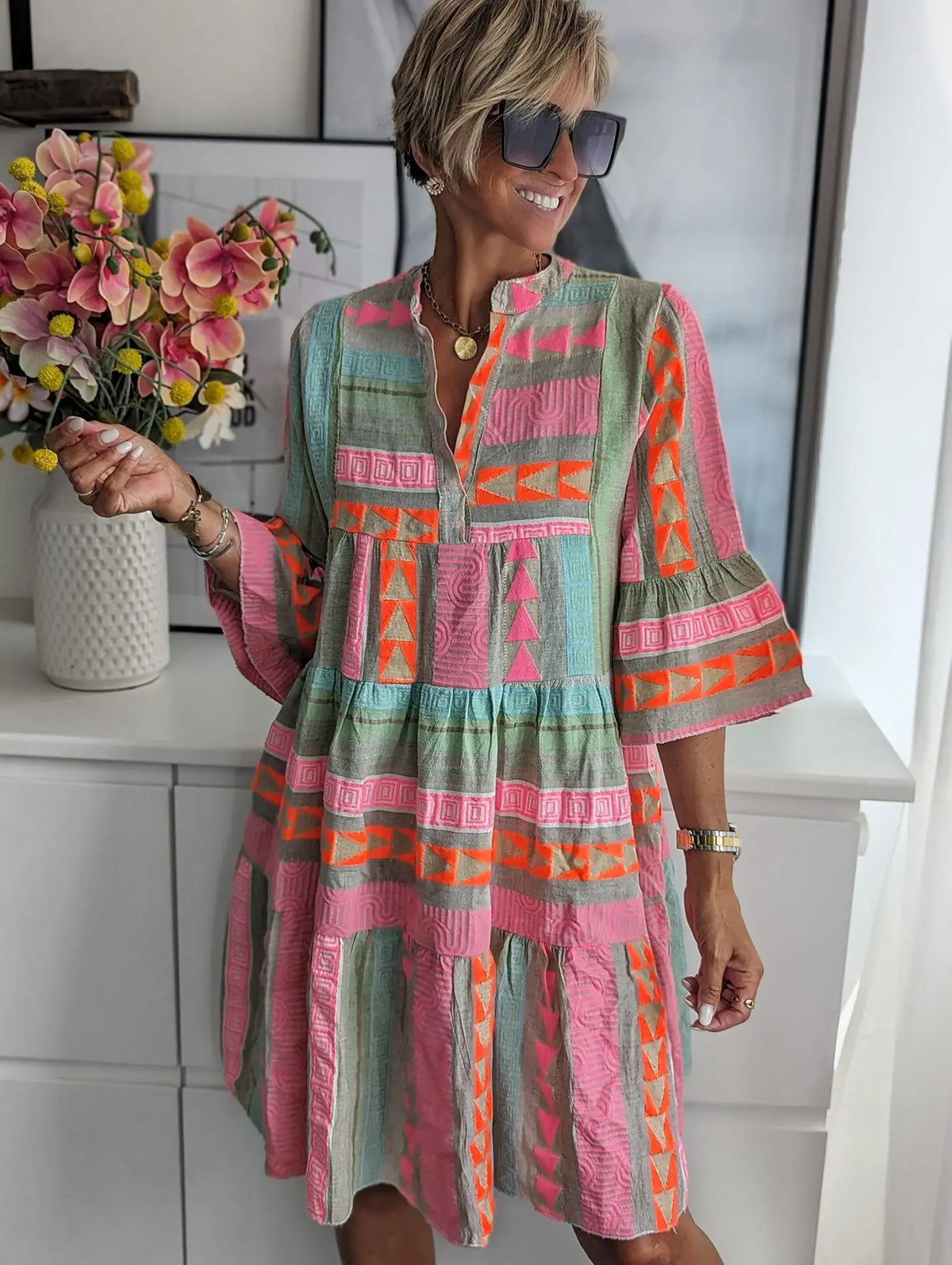 2026 Women Dresses V Neck Three Quarter Sleeve Pullover Dress Print Floral Vestidos Knee Length Loose Fit Casual Summer
