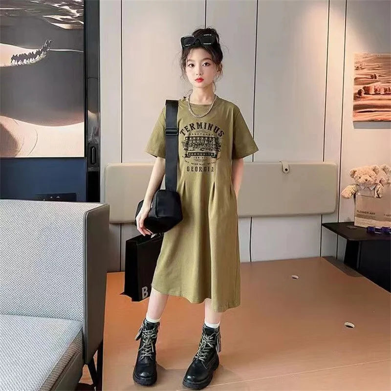 Summer 2026 Girls Dresses Kids Short Sleeve Sports Dress Children Clothing Vestido Baby Dresses For Girls Teen 6 8 10 12 14 Year