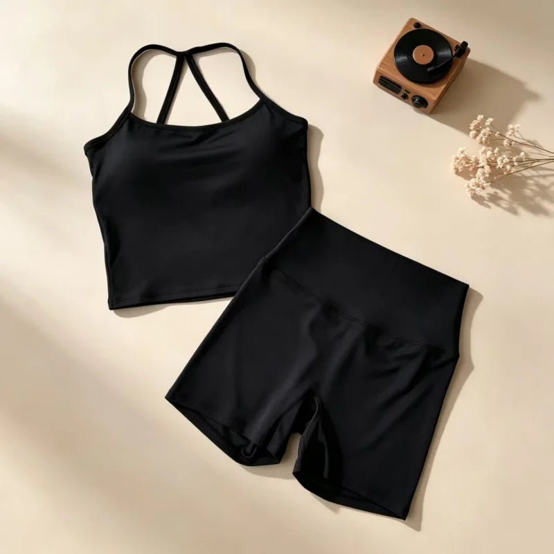 Yoga 2Pcs Women Naked Skin Set Thin Strap Beauty Back Tank High Waist Butt Lift Shorts Soft Breathable Gym Fitness Outfit