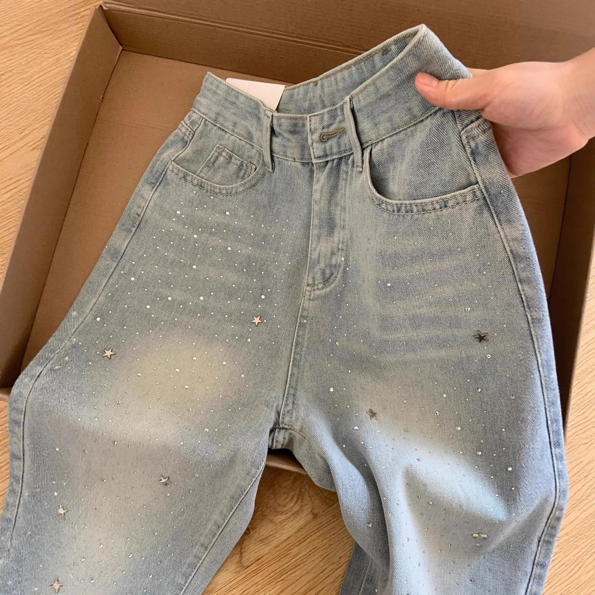Women's 2025 Autumn New Light Blue Hot-Selling Rhinestone Straight Jeans High Waist Wash Jeans Loose Slimming Wide Leg Trousers