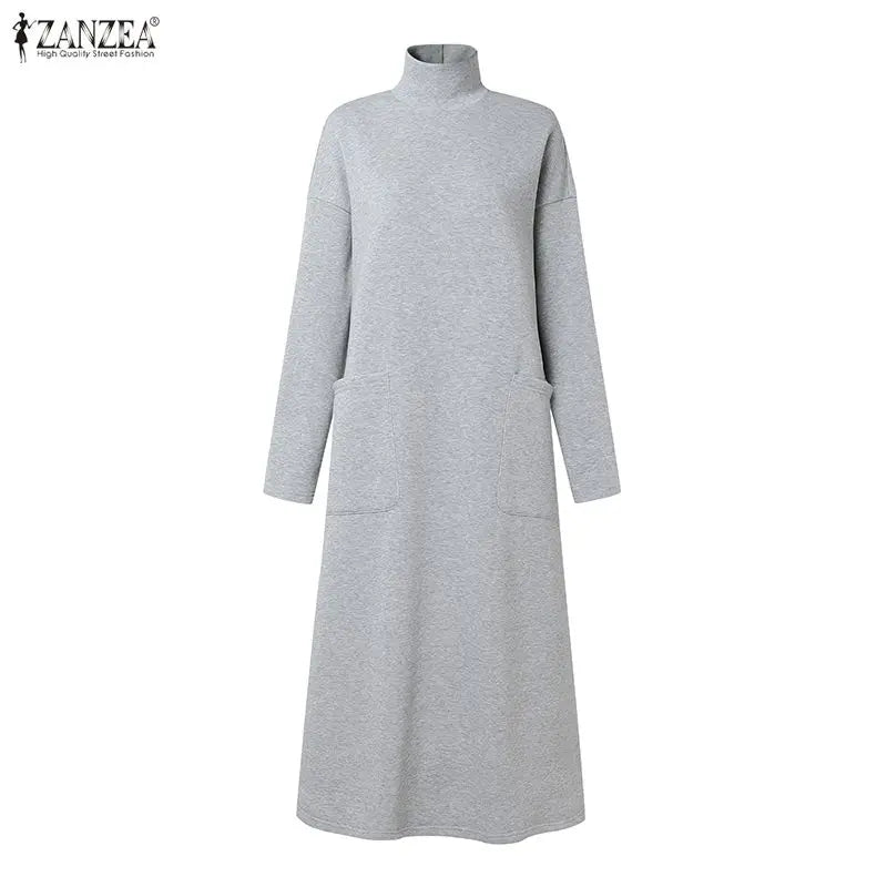 ZANZEA Fashion Sweatshirt Dress Women Casual Turtleneck Long Sleeve Solid A-Line Midi Dresses for Woman FW 2025 Cozy Warm Robes
