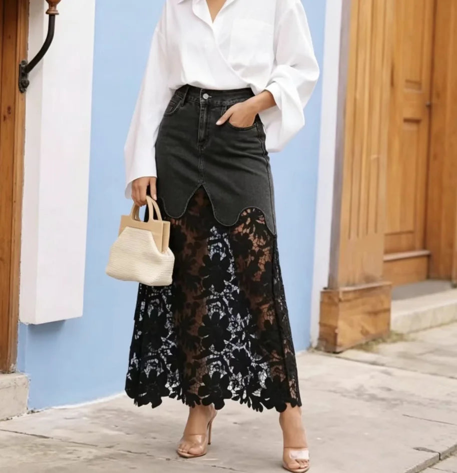 New  Fashion Lace Denim Skirts Patchwork Ladies 2026 Summer Street Pocket Women Casual Loose High Waist Jeans Skirt L274