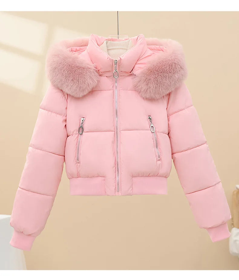 American Waistedn Big Fur Collar Hooded Short Cotton Coat for Women Winter New Fashionable Hat Detachable Casual Slimming Jacket