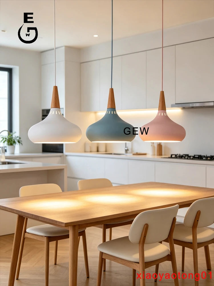 GEW Nordic Modern Funnel Pendant Light Wood Aluminum E27 Multi Color Hanging Lamp for Dining Kitchen Island Bedside