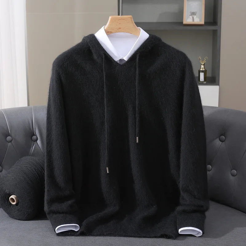 LHZSYY 100% Pure Mink Cashmere Hooded Sweater Men's Hooded Knitted Pullover Business Casual Loose Hoodie Autumn Bottoming Shirt