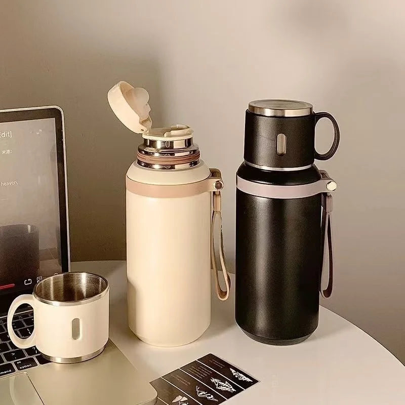 600ML Stainless Steel Insulated Bottle Double Wall Vacuum with Cup Lid Rope Handle Office Home Travel Thermos Coffee Cup Outdoor