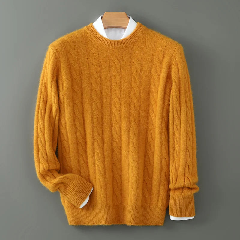 Men's Round Neck Pullover Sweater For Autumn Winter 100% Pure Mink Cashmere Knitted Sweater, Casual Long Sleeved Thick Warm Base
