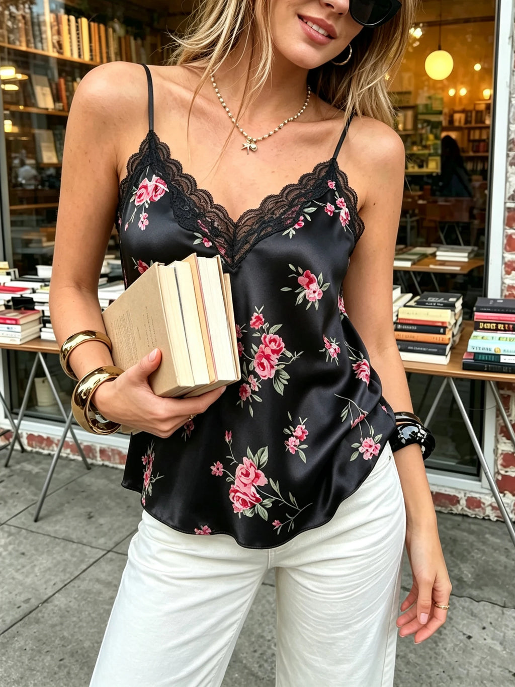 Women Satin Floral Print Pajamas Top Camisole Lace Trim V Neck Tank Top Elegant Sleeveless Blouse Casual Sleepwear