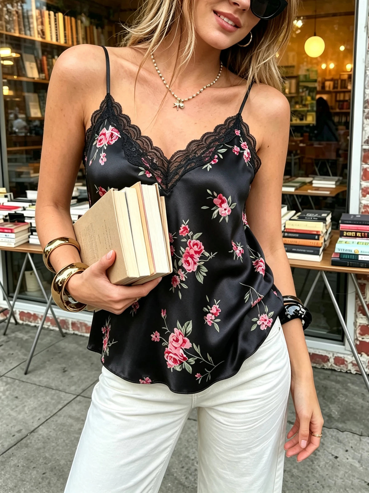 Women Satin Floral Print Pajamas Top Camisole Lace Trim V Neck Tank Top Elegant Sleeveless Blouse Casual Sleepwear