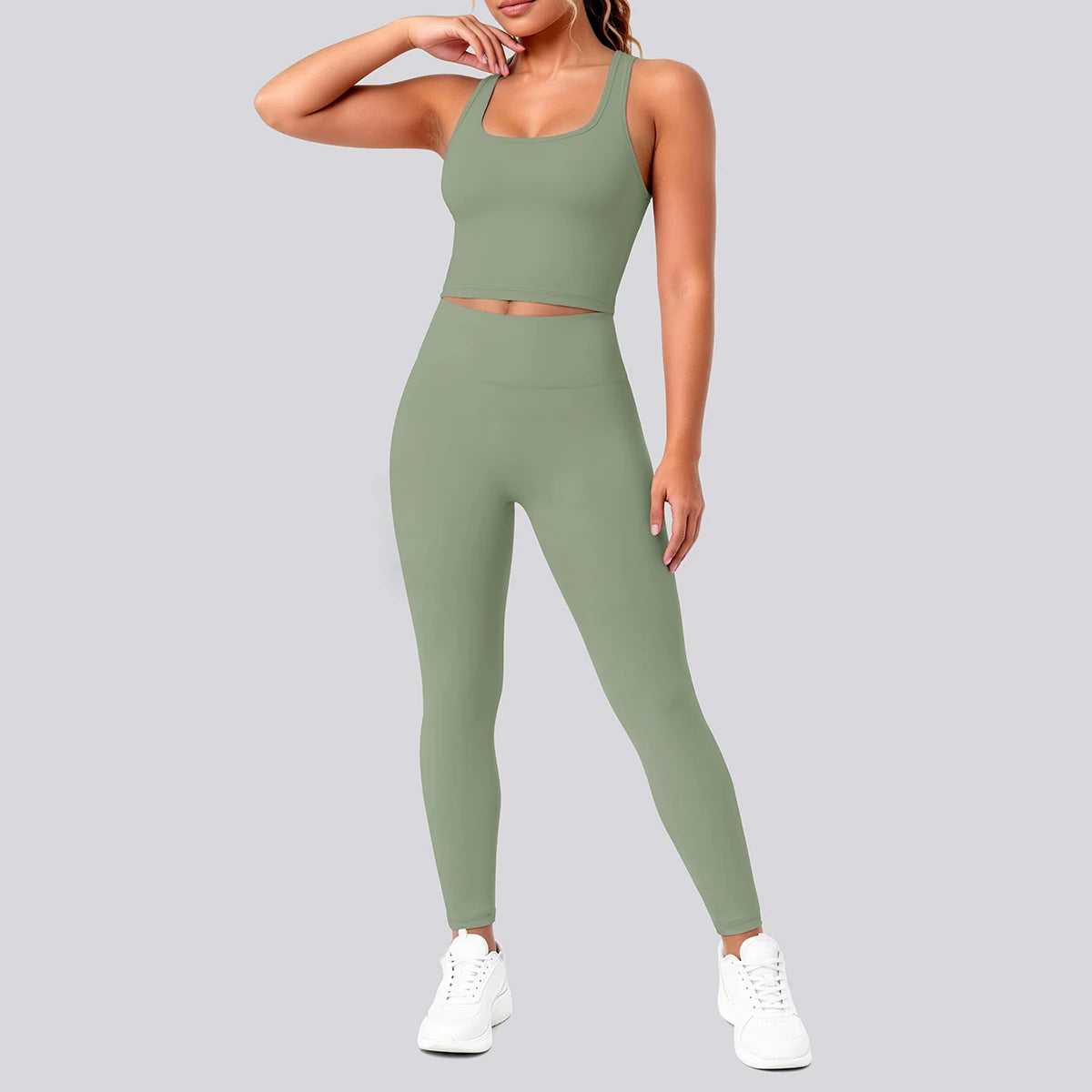 2PCS Solid Color Yoga Set for Woman's Gather Beautiful Back I-shaped Vest Shock-absorbing Running Yoga Tank Top Push Up Pants