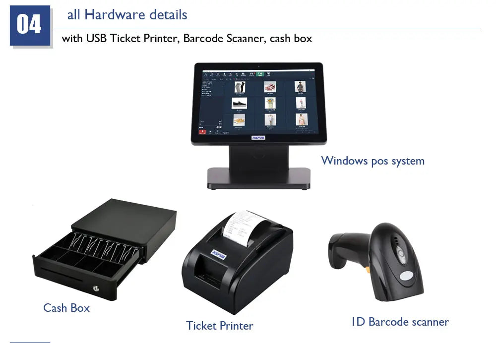 All in One POS System Cash Register 14 Inch Touch Screen With Printer, Scanner and Cash Box