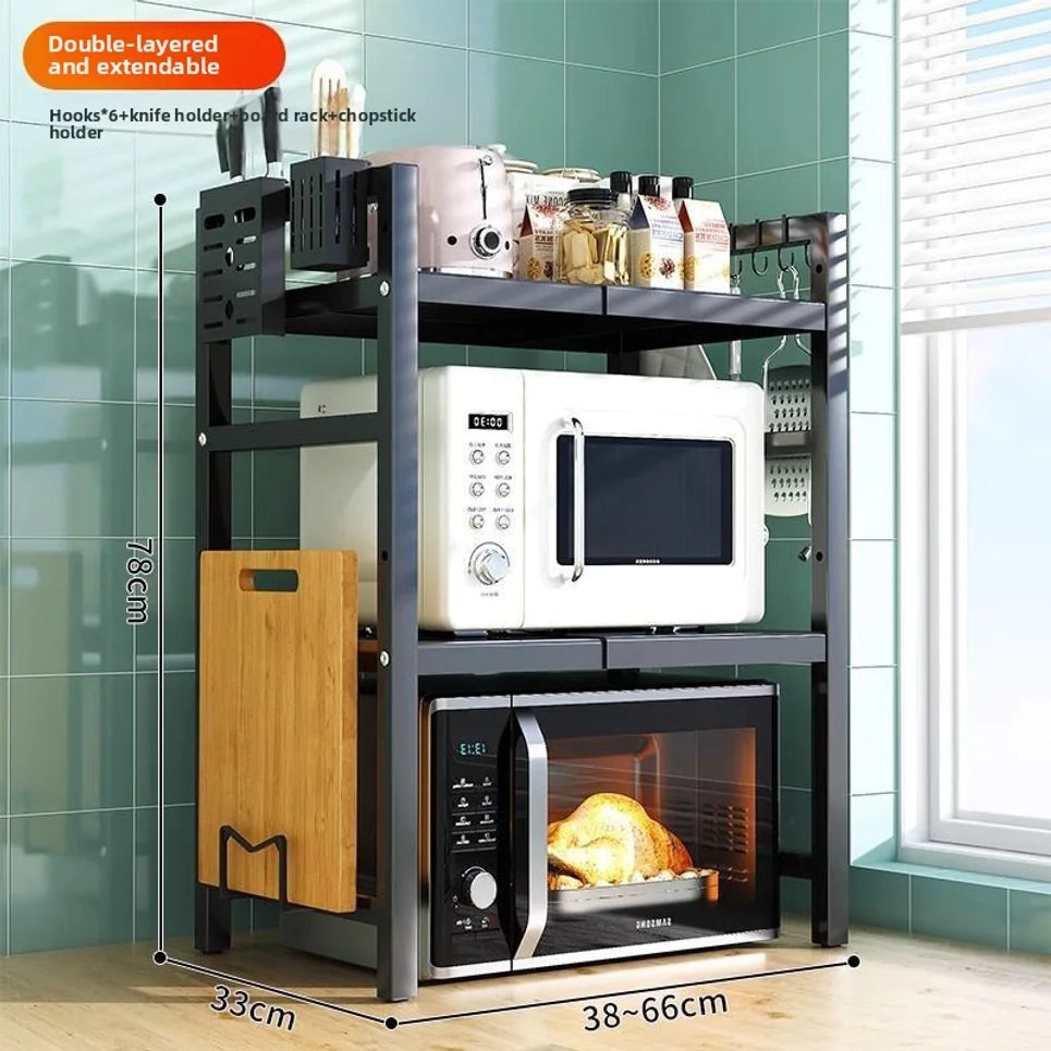 Expandable Kitchen Storage Rack Double Layer Microwave Oven Stand Countertop Holder for Rice Cooker Kitchen Organizer