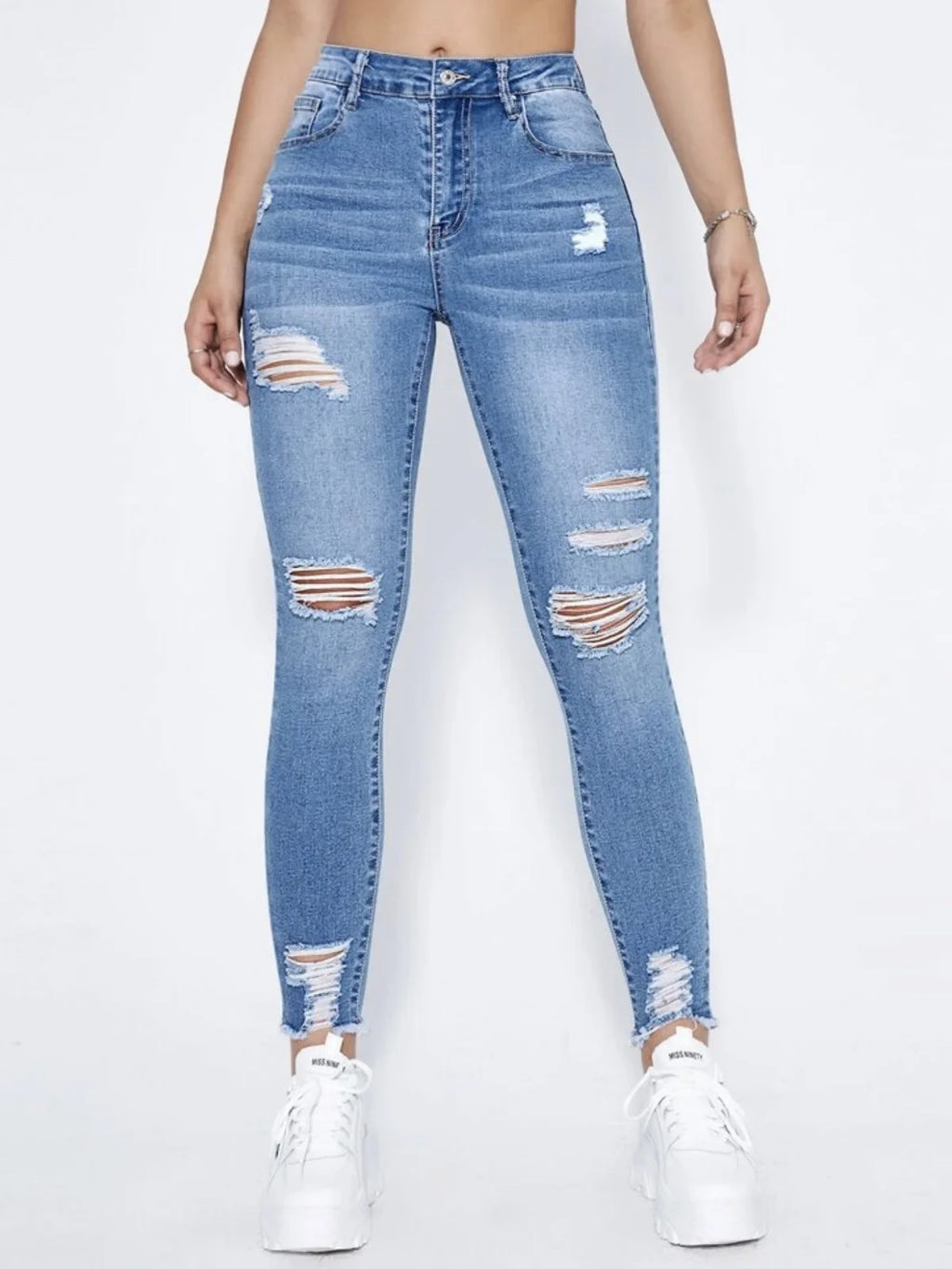 New In Women Fashion Mid Waist Ripped Hole Jeans Casual High Street Denim Pants Sexy Frayed Slim Fit Pencil Pants for Women