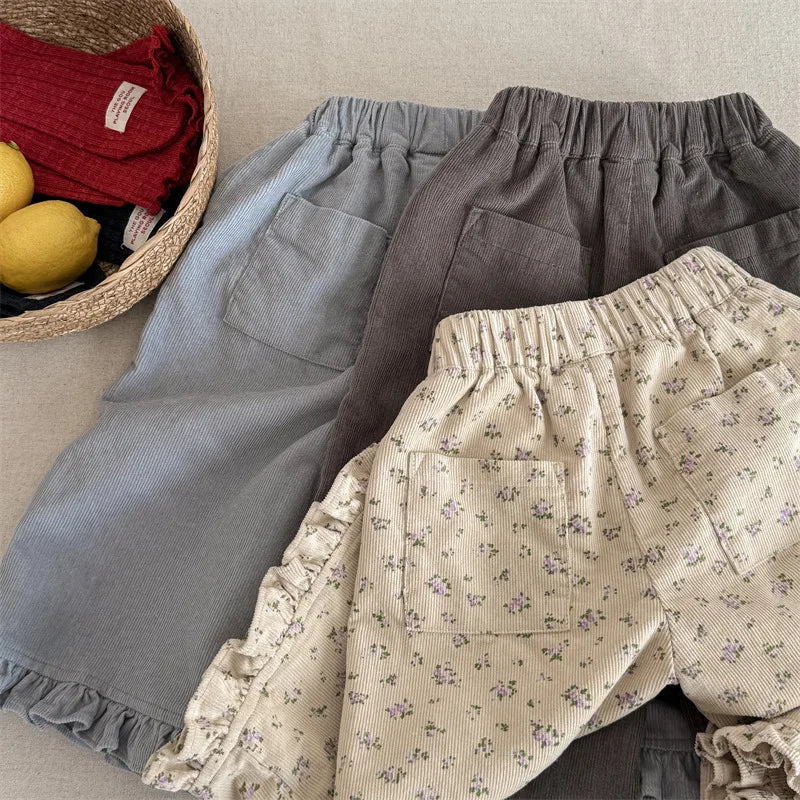deer jonmi 2026 New Spring Baby Girls Wide Leg Pants Floral Printed Korean Style Corduroy Ruffles Toddlers Kids Casual Trousers