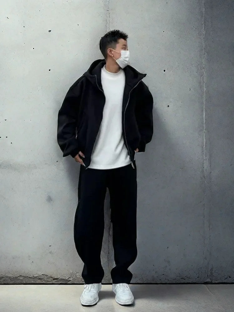 Autumn Winter Men's Casual Hoodie Sports Set Korean Fashion Loose Zip Up Hooded Sweatshirt and Sports Pants Two-piece Set