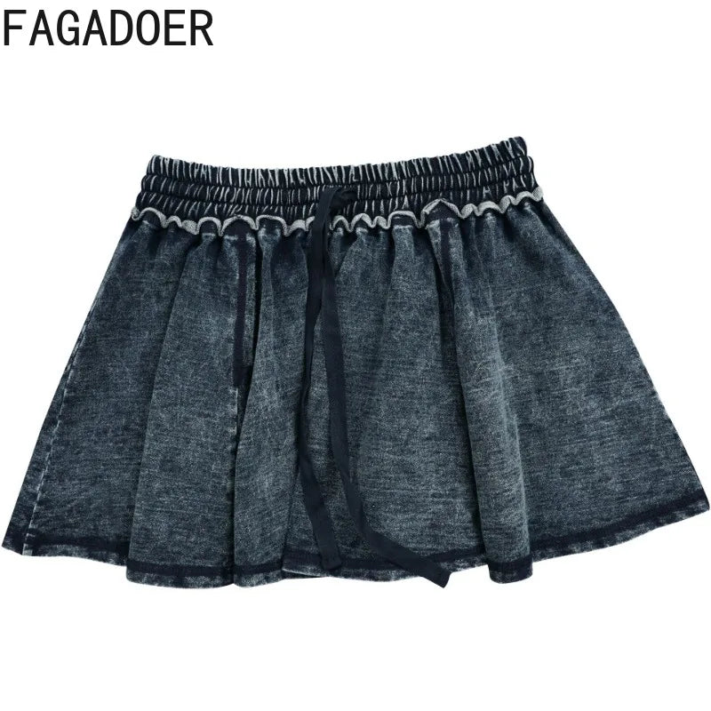 FAGADOER Fashion Denim 2 Pieces Set for Woman Wash Long Sleeve Hooded Crop Top and Pleated Skirts Matching Suits Streetwear New
