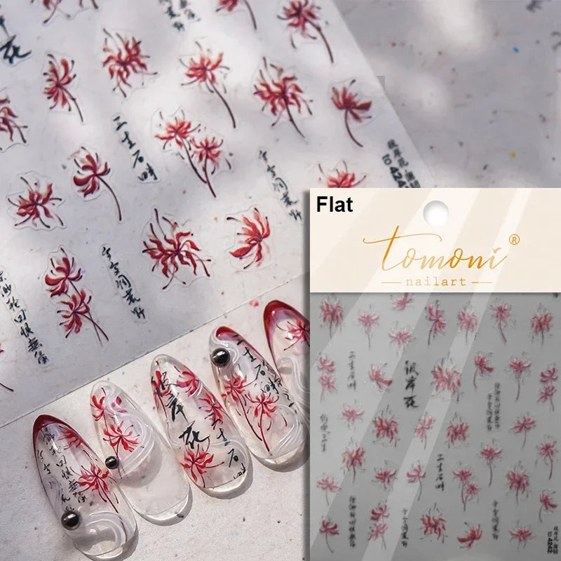 Elegant Chinese Charm Shiny Nine-tailed Fox Mask Red Equinox Flowers Tragedy Love Soft Reliefs Nail Art Stickers Manicure Decals