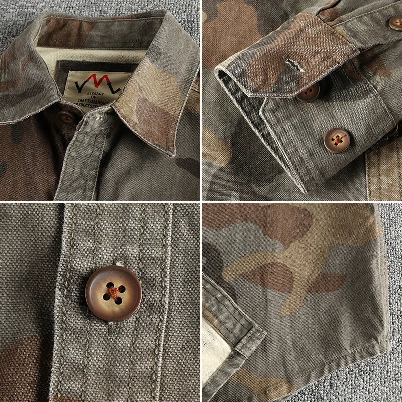 2024 Autumn and Winter New American Retro Woven Camouflage Cargo Shirt Men's 100% Cotton Washed Old Double Pockets Thin Jacket