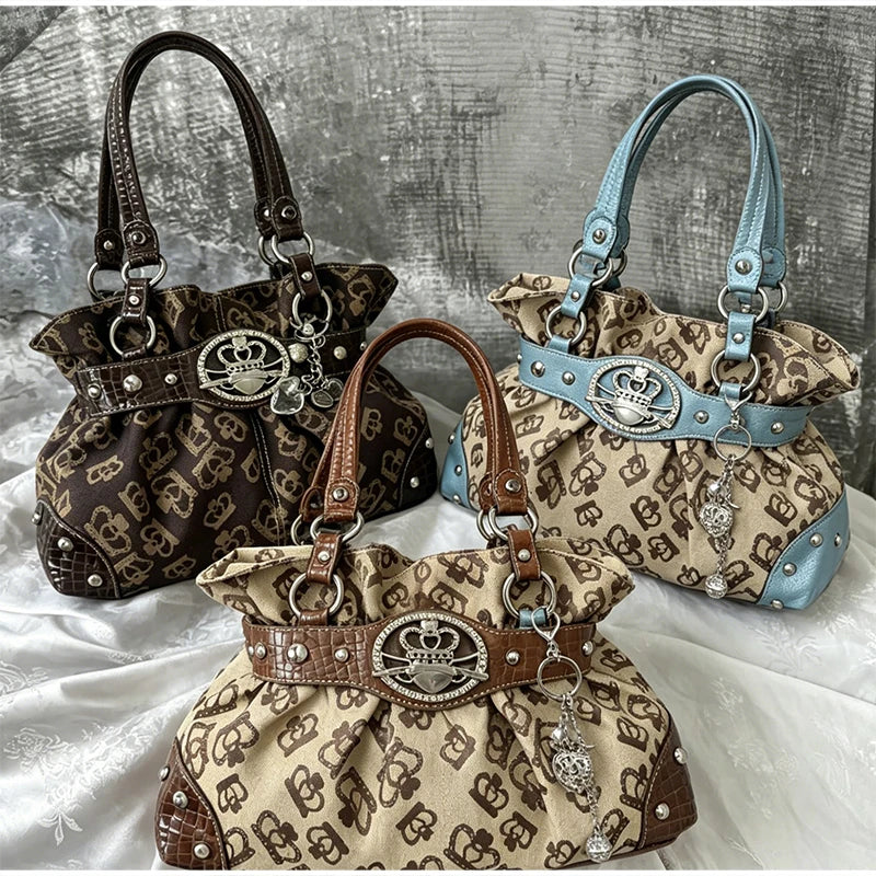 Luxury Women Rivet Handbag,Y2k Girls Metal Studded Underarm Shoulder Bag,Niche Belt Buckle Commuter Chic East-West Tote Bag