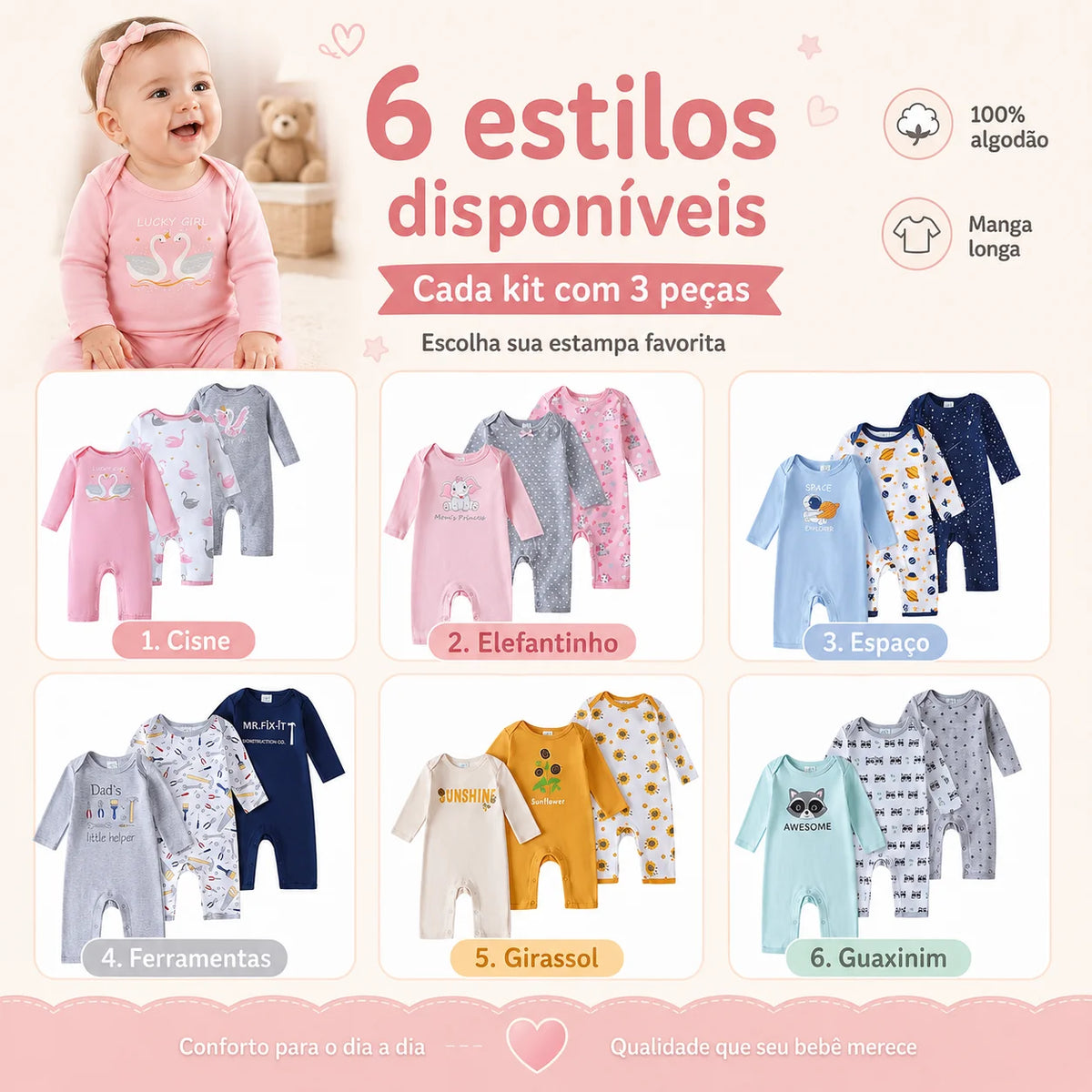Kit 3 Baby Rompers Long Sleeve Footless Printed Infant Boy Girl Clothes