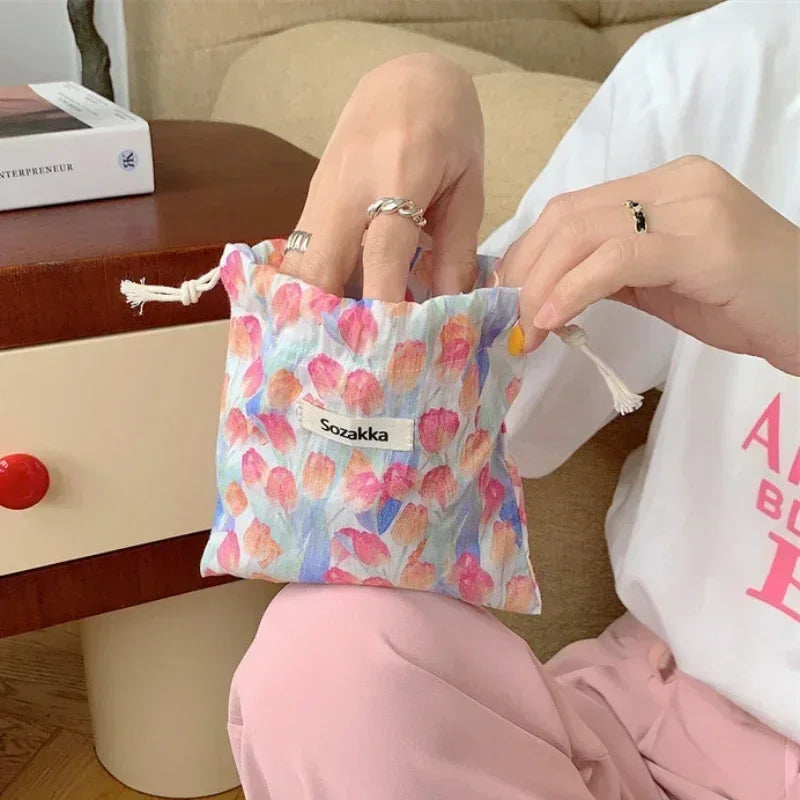 Kawaii Cloth Floral Drawstring Storage Bag Cosmetic Organizer for Women Makeup Handbags Wallet Small Pouch