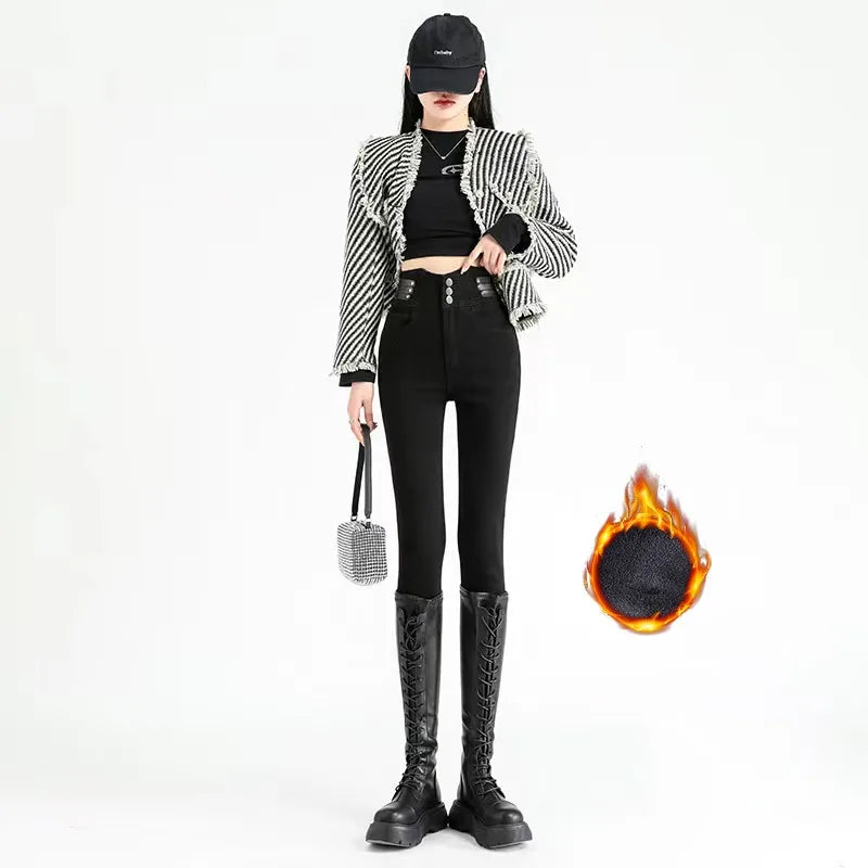 High Waist New Women's Fleece Jeans Winter Warm Thermal Slim Blue Black Fashionable Casual Velvet Elastic Pencil Denim Trousers