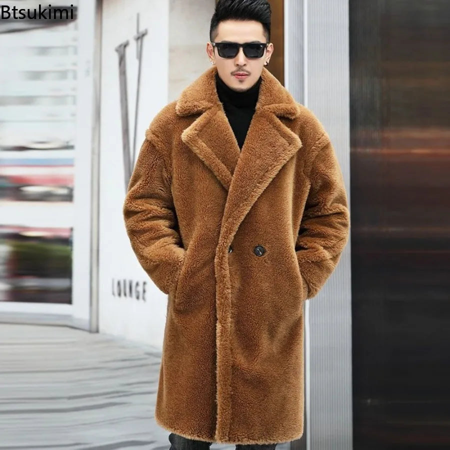 Luxury Fashion Long Camel Fleece Coats Men's Autumn Winter Thickened Warm Faux Fur Outwear Trend Vintage Men Windbreaker Jackets