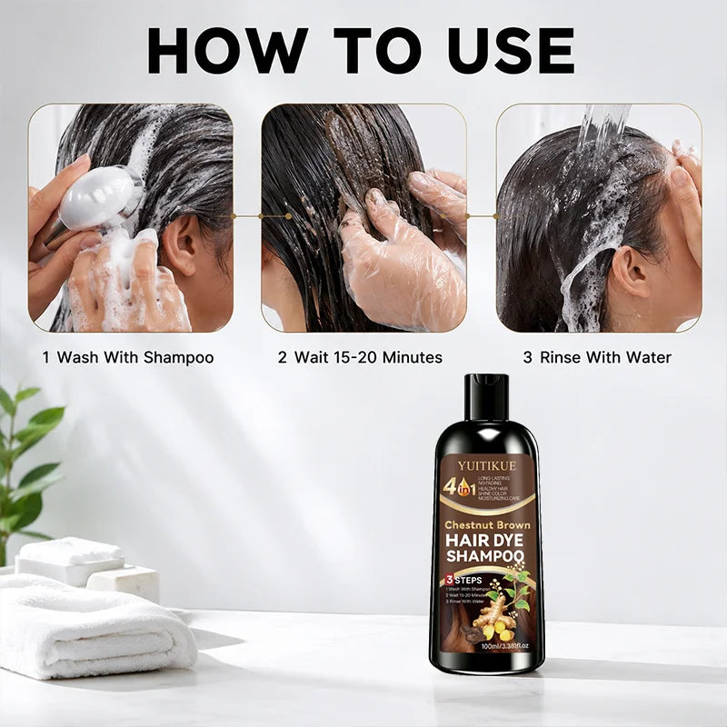 YUITIKUE 4 IN1 Chestnut Brown Hair Dye Shampoo Shine Color Moisturizing Care Long Lasting No Fading Healthy Hair 100ml