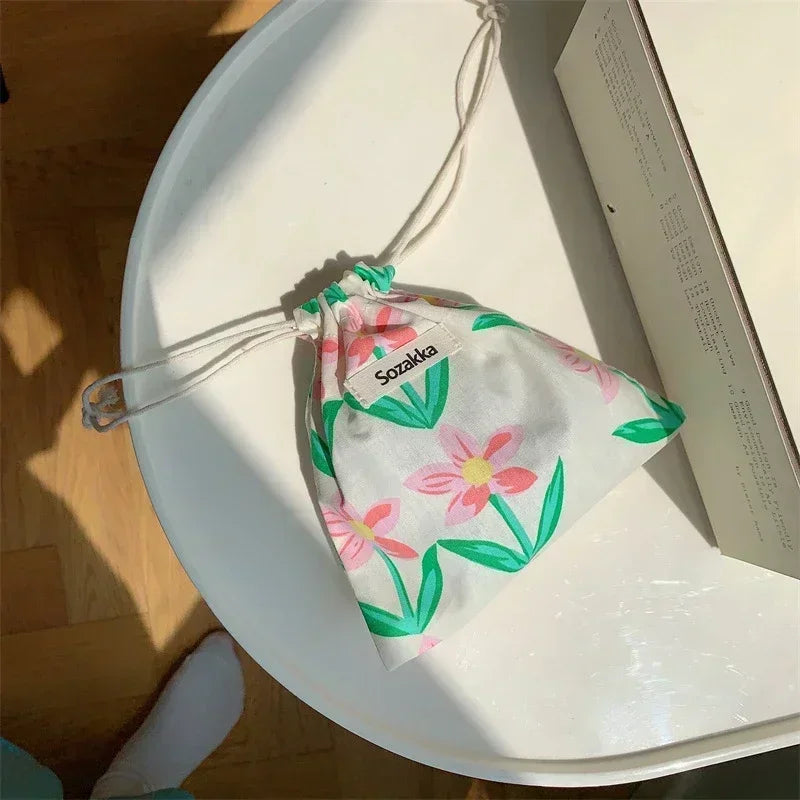 Kawaii Cloth Floral Drawstring Storage Bag Cosmetic Organizer for Women Makeup Handbags Wallet Small Pouch