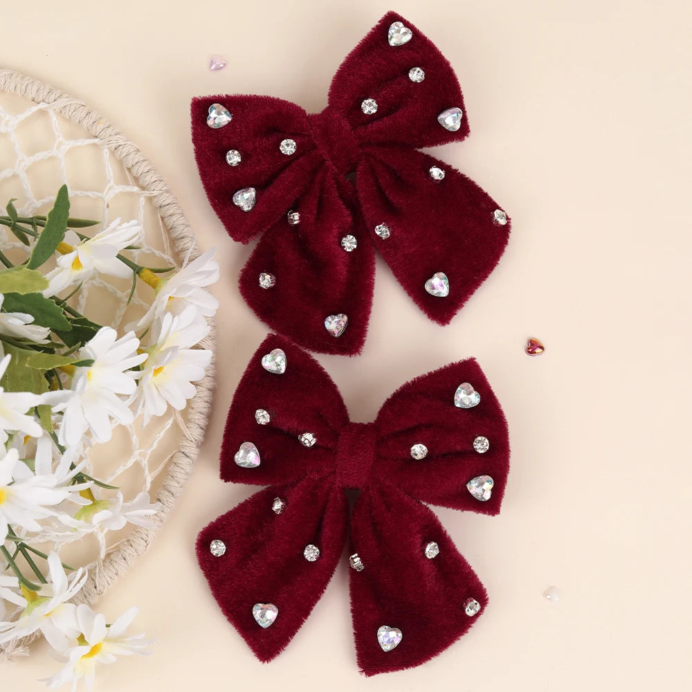 Velvet Bow Hair Clips with Heart Rhinestone Detail, 2-Pack