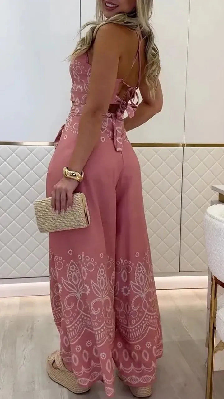 Summer Vintage Halter Top Wide Leg Pants Set Women's Bohemian 2-Piece