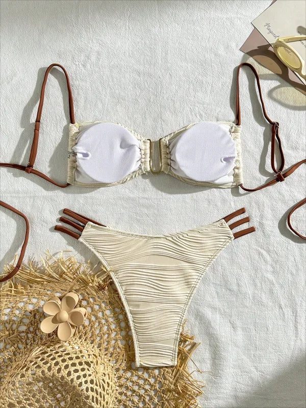 New Low waist Sexy Two-piece Bikini Women U-neck Hollow Swimwear Solid Tube Top Gathered Swimsuit Tight Backless Beachwear 2025