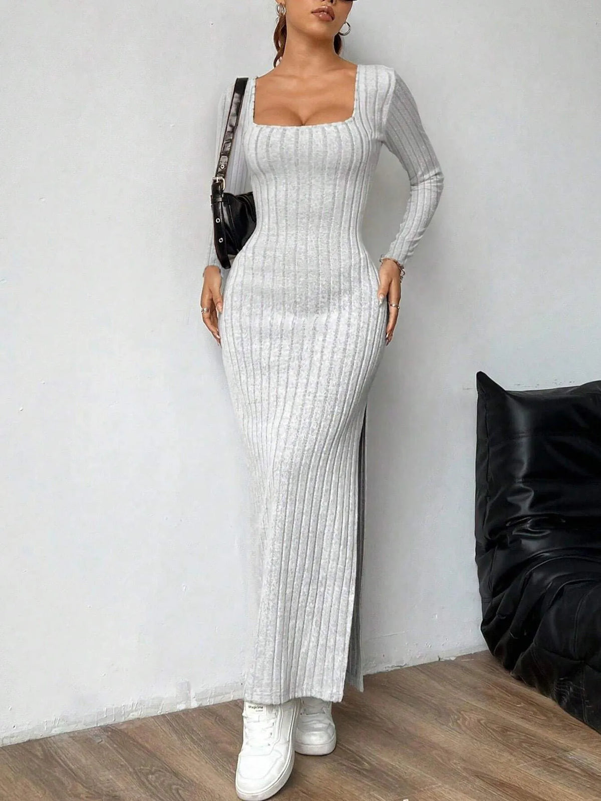 Women's Knitting Dress 2026 Spring Autumn Long Dress Minimalist Elegant Square Neck Backless Design Long Sleeve Midi Dress