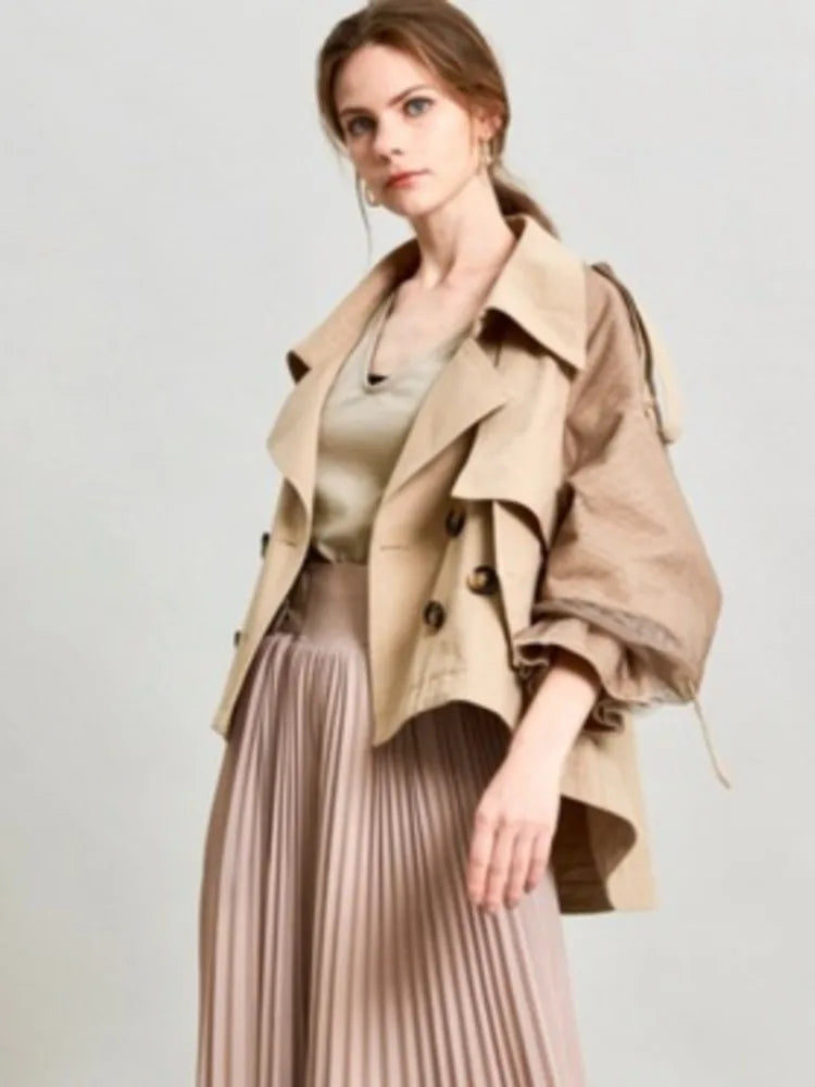 EAM Japanese Style Turn-Down Collar Double Breasted High-Low Hem Cropped Trench Coat Women's Jacket 2026 Autumn New