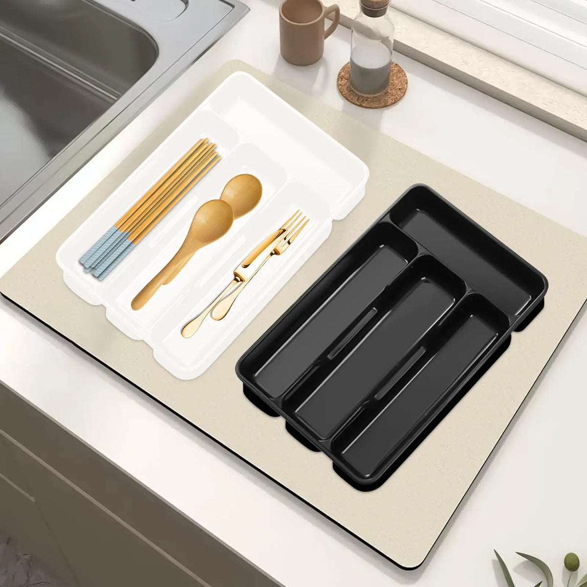 Compact Silverware Organizer with 4 Compartments Flatware Holder, Kitchen Cabinet Countertop Storage Solution Home Use
