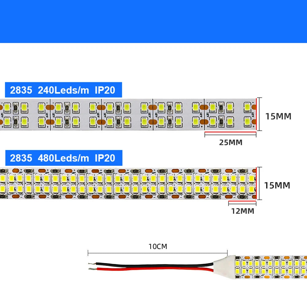 5m Double Row Led Strip light 2835 360Led 480Led 240Led 12V/24V High Bright Flexible Led Lamp IP67 Waterproof 3000K/4000K/6000K