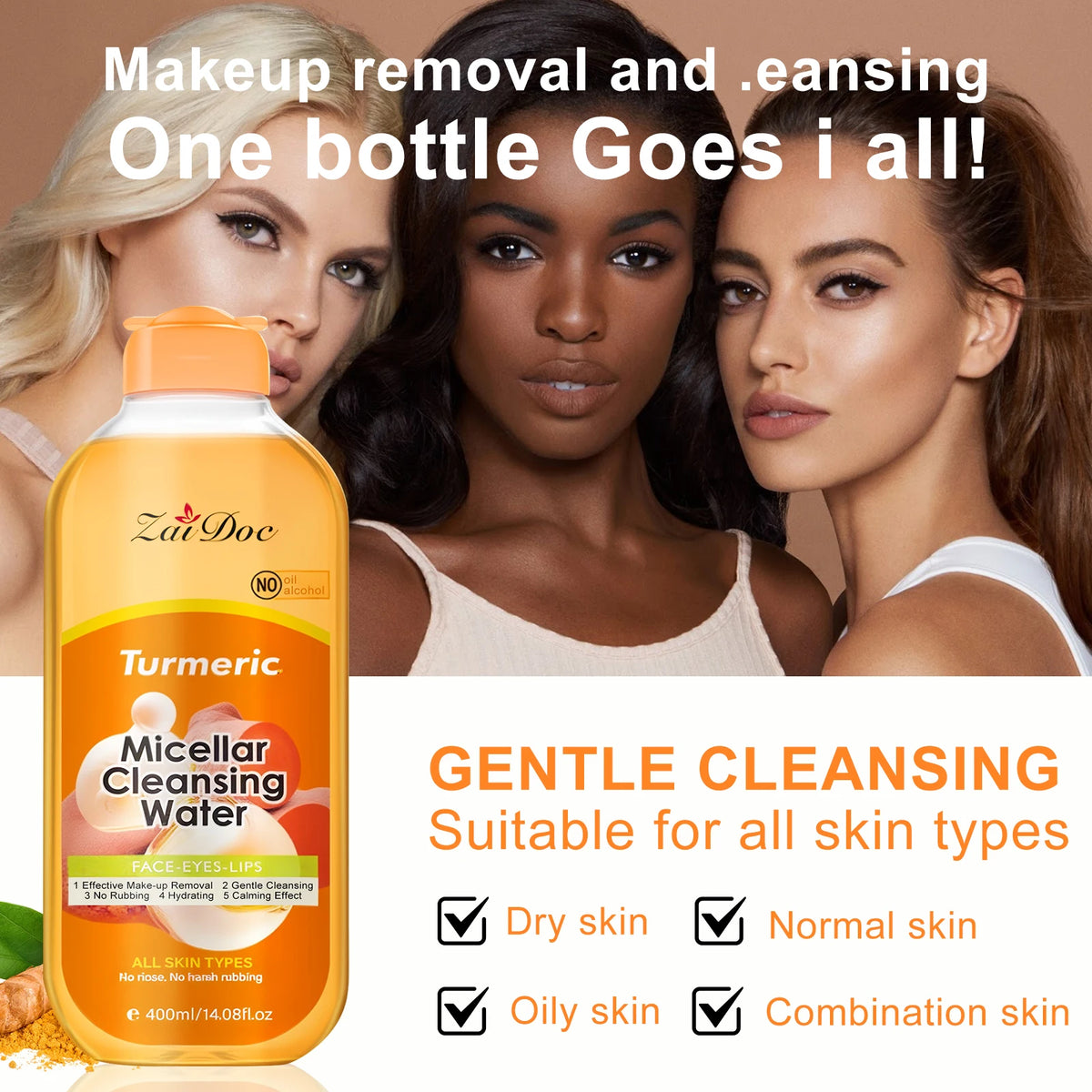 ZaiDoc Turmeric/Cherry Blossom Micellar Cleansing Water Makeup Remover No Rinse No Rubbing All Skin Types Face Eyes Lips 400ml Each