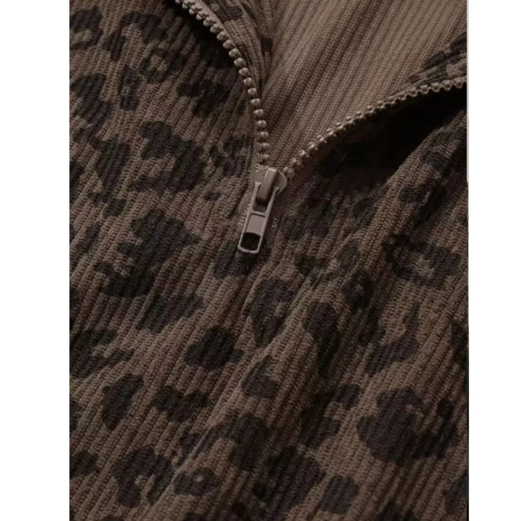 Women Casual Zipper Long Sleeve Leopard Sweatshirt Loose Oversize Retro Hoodie Stand Collar Corduroy Outerwear Pullover Autumn