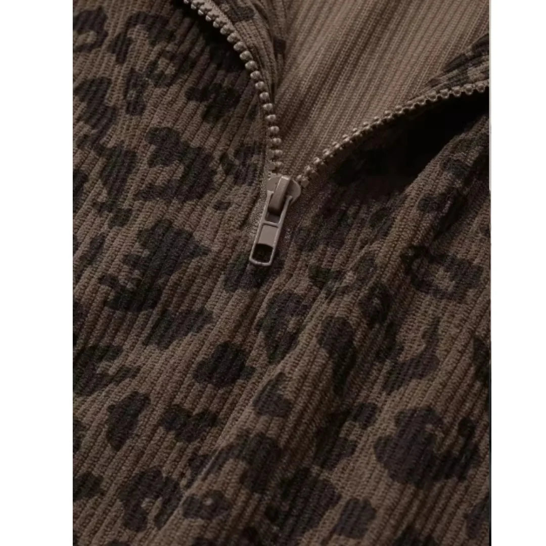 Women Casual Zipper Long Sleeve Leopard Sweatshirt Loose Oversize Retro Hoodie Stand Collar Corduroy Outerwear Pullover Autumn