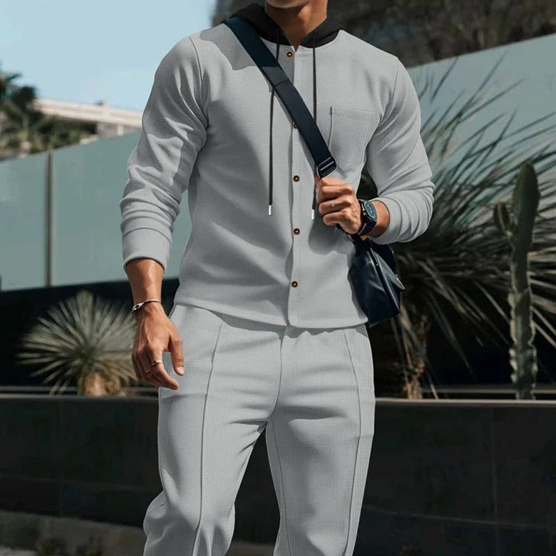 Men's American Autumn Waffle Casual Hooded Color-blocking Long-sleeved Cardigan Jacket And Trousers Set