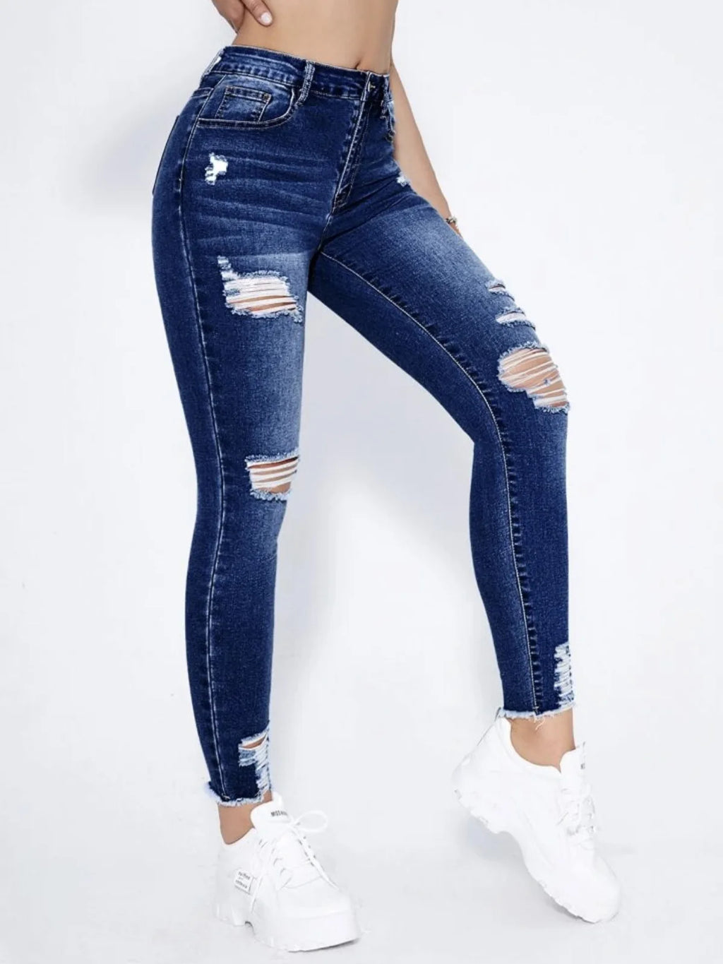 New In Women Fashion Mid Waist Ripped Hole Jeans Casual High Street Denim Pants Sexy Frayed Slim Fit Pencil Pants for Women